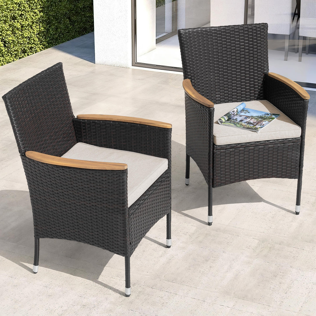 All Weather Wicker Patio Chairs Set of 2 with Cushions, Acacia Armrests