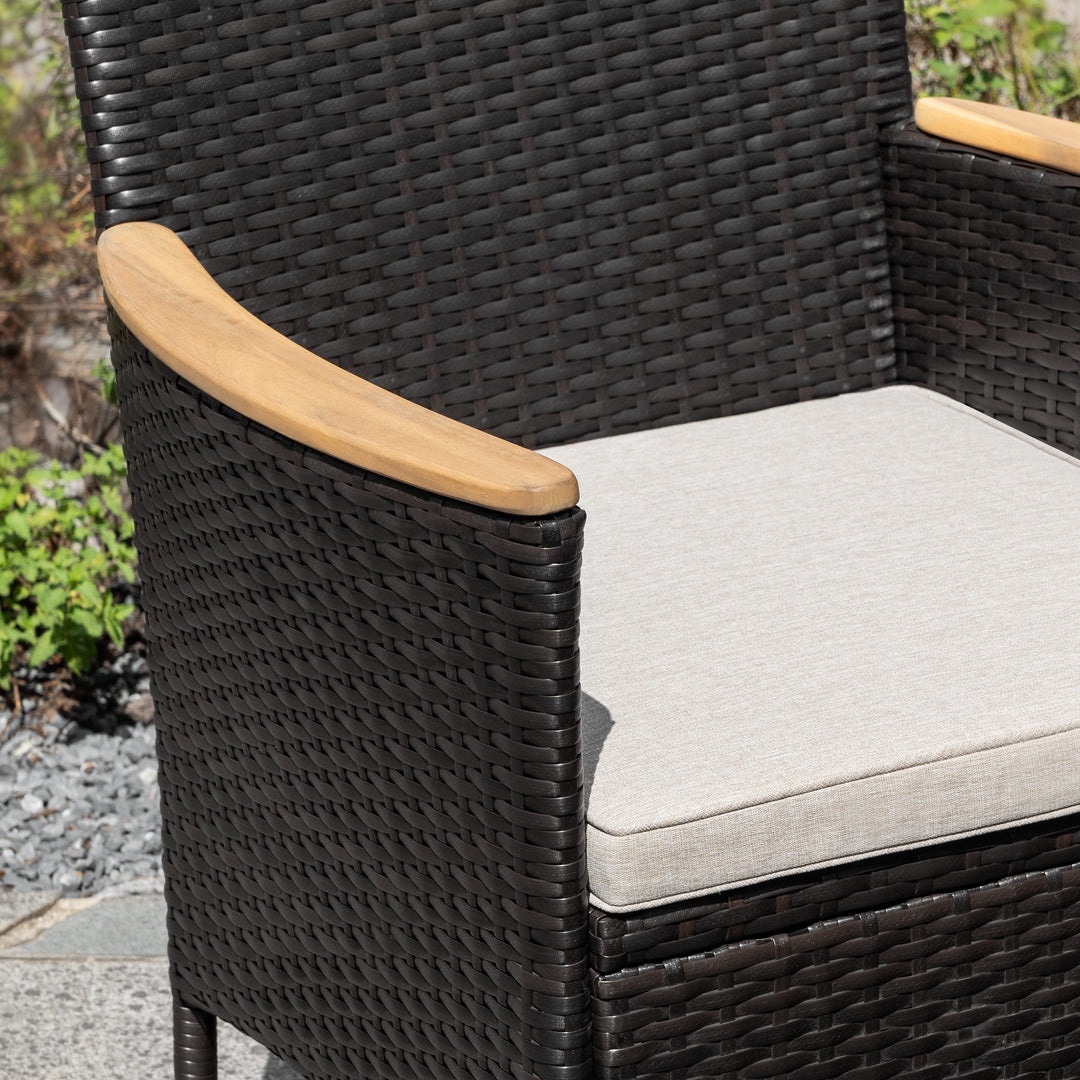 All Weather Wicker Patio Chairs Set of 2 with Cushions, Acacia Armrests