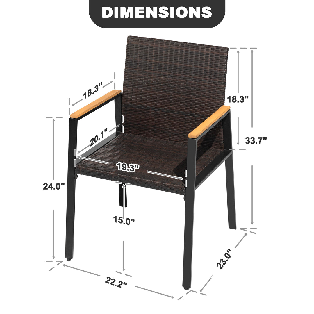 Patio Stackable Wicker Dining Chairs Set of 2, Acacia Wood Armrests