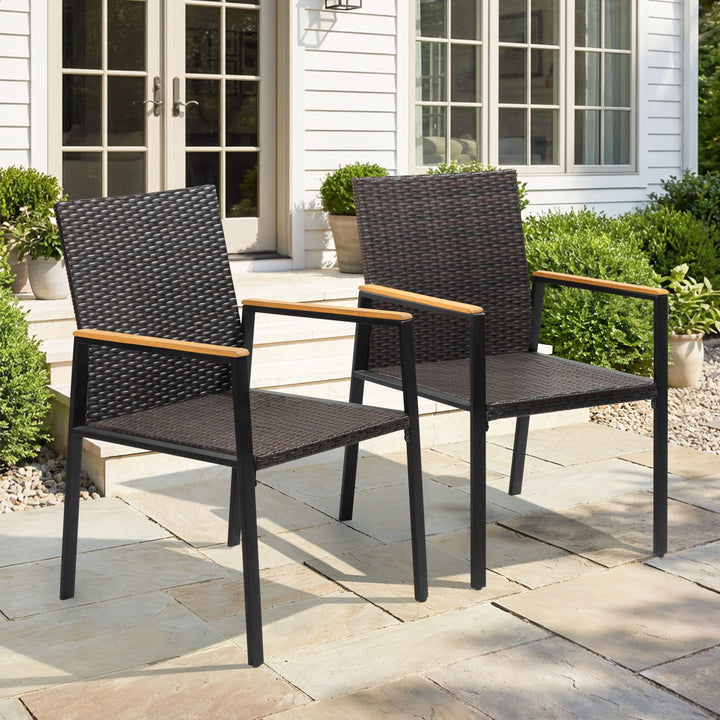 Patio Stackable Wicker Dining Chairs Set of 2, Acacia Wood Armrests
