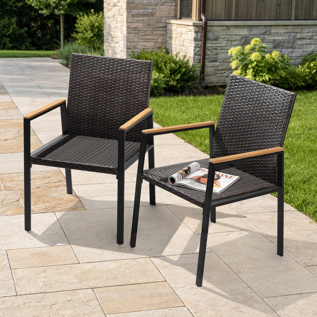 Patio Stackable Wicker Dining Chairs Set of 2, Acacia Wood Armrests