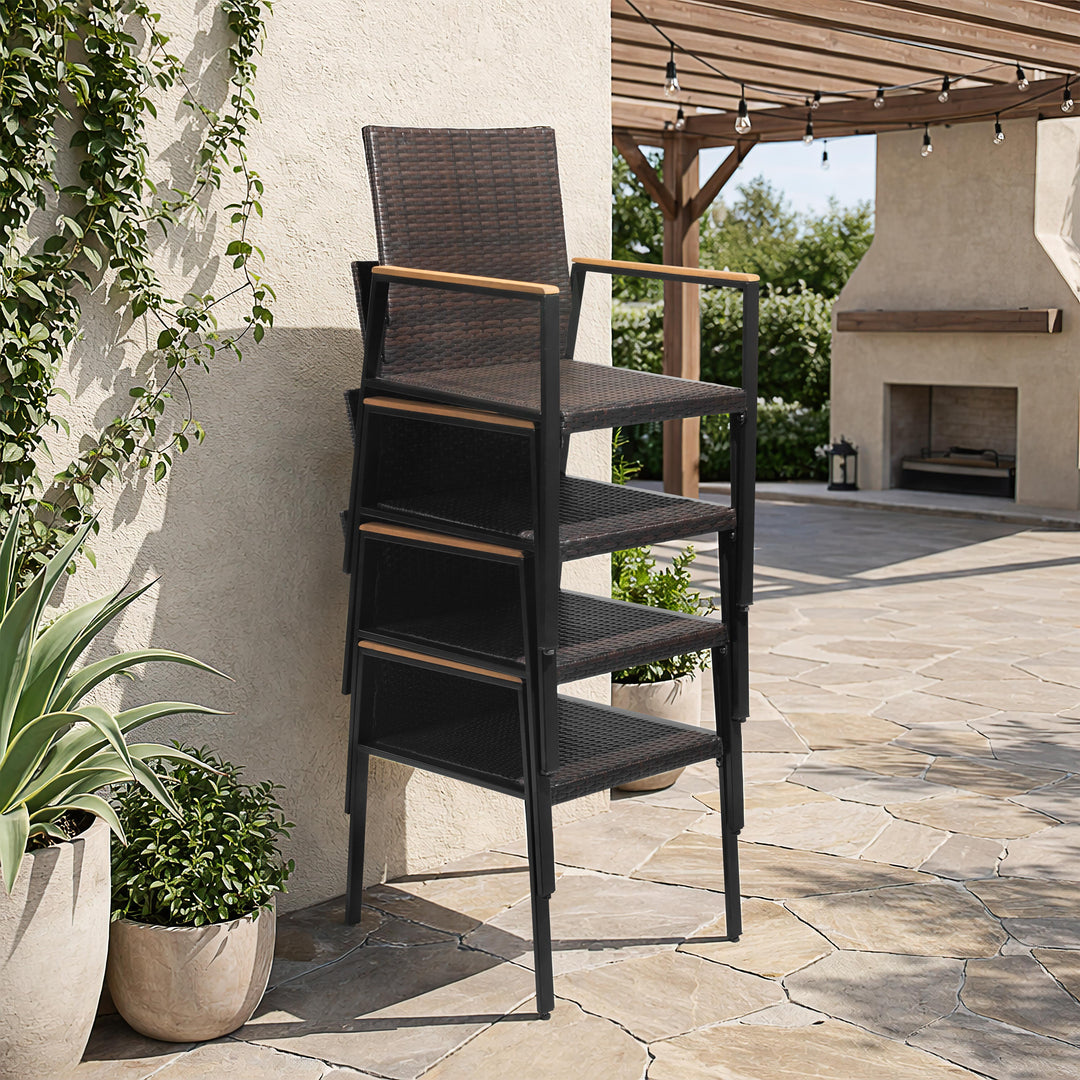 Patio Stackable Wicker Dining Chairs Set of 2, Acacia Wood Armrests
