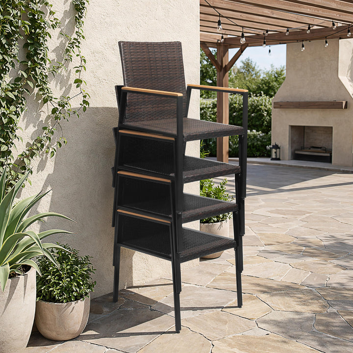 Patio Stackable Wicker Dining Chairs Set of 2, Acacia Wood Armrests