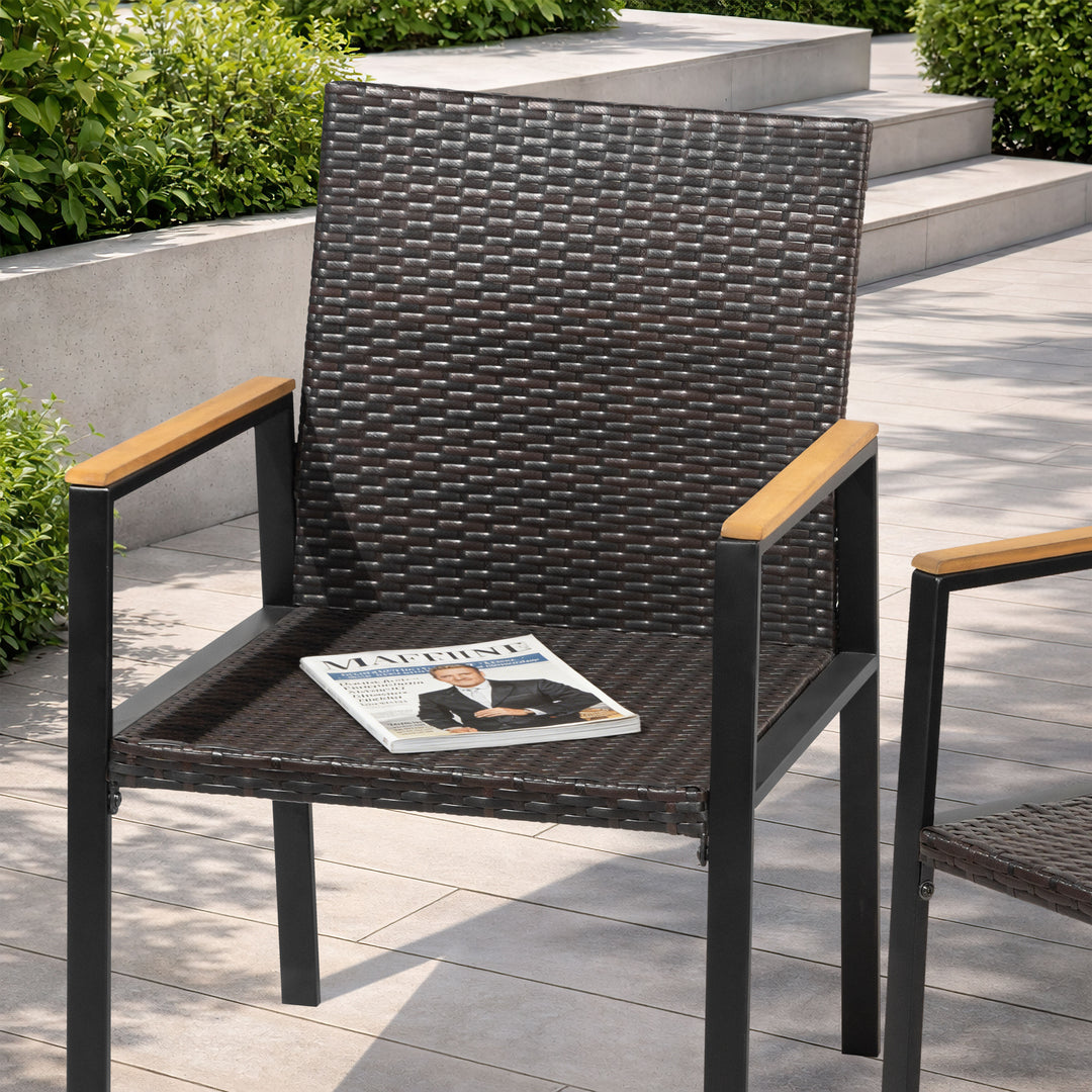 Patio Stackable Wicker Dining Chairs Set of 2, Acacia Wood Armrests