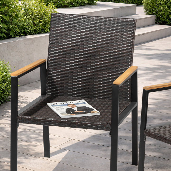 Patio Stackable Wicker Dining Chairs Set of 2, Acacia Wood Armrests
