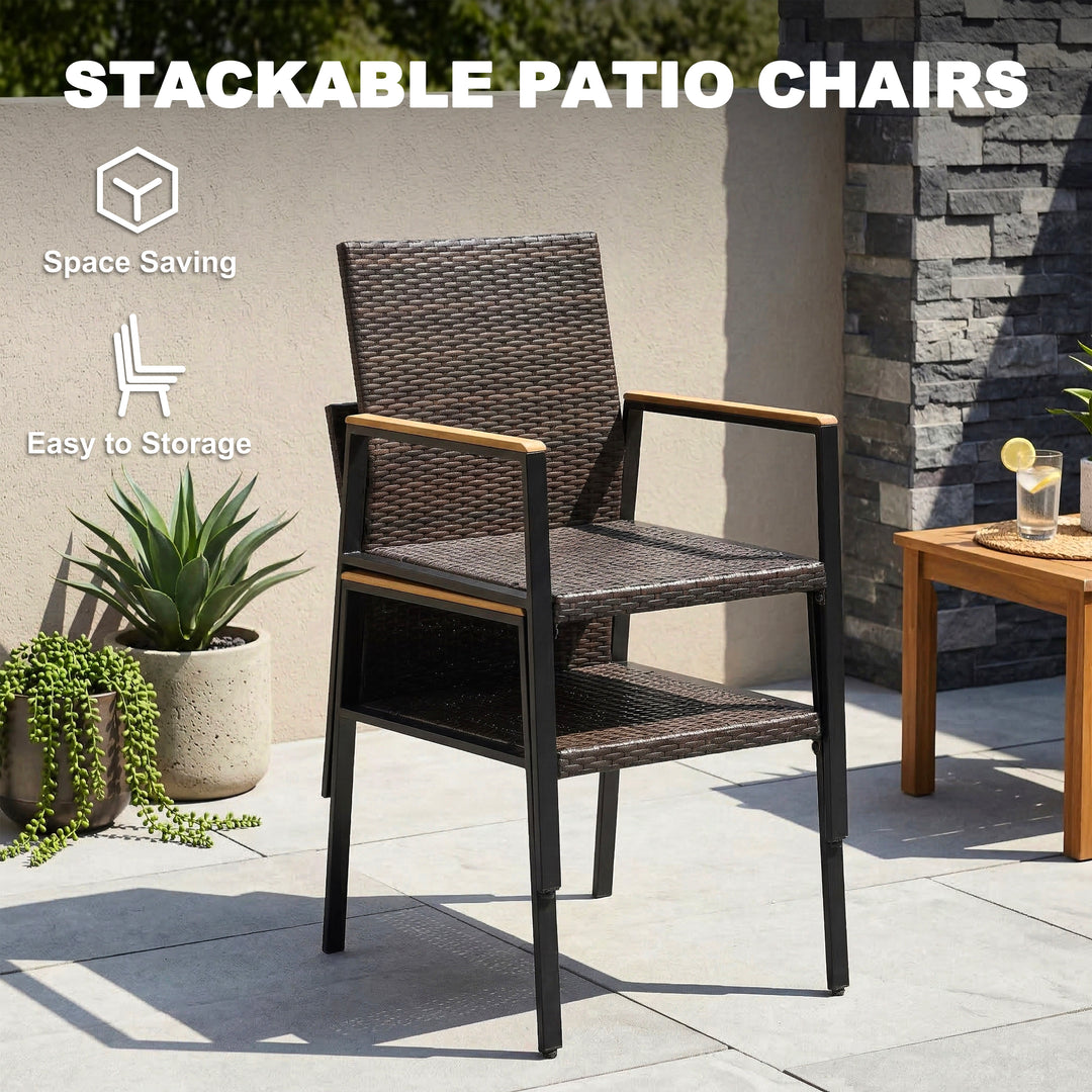 Patio Stackable Wicker Dining Chairs Set of 2, Acacia Wood Armrests