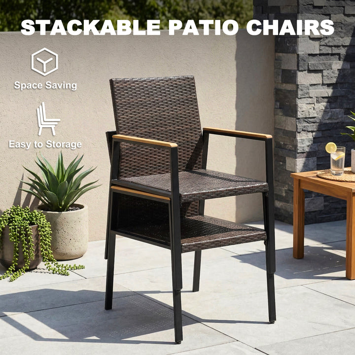Patio Stackable Wicker Dining Chairs Set of 2, Acacia Wood Armrests