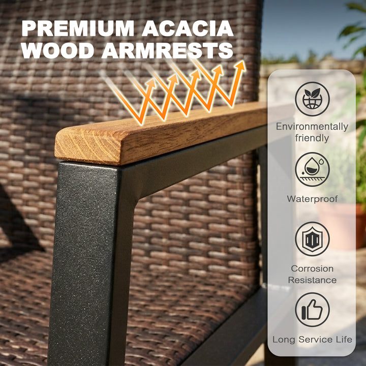 Patio Stackable Wicker Dining Chairs Set of 2, Acacia Wood Armrests