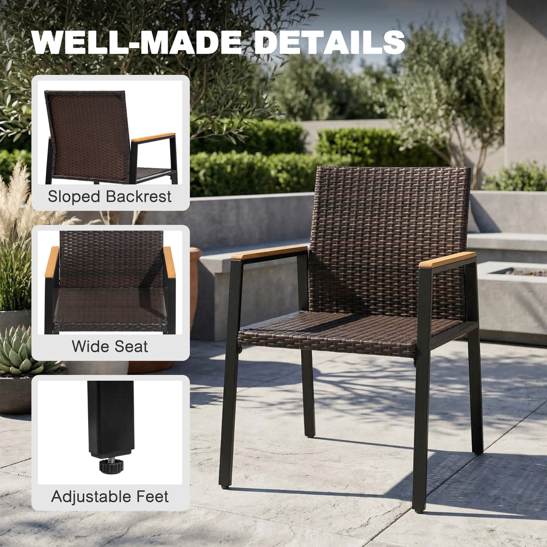 Patio Stackable Wicker Dining Chairs Set of 2, Acacia Wood Armrests