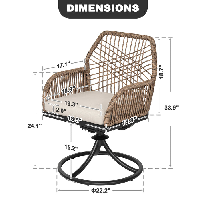 Patio Swivel Dining Chair Set of 2 with Zippered Cushions, Twisted Rattan