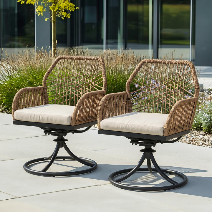 Patio Swivel Dining Chair Set of 2 with Zippered Cushions, Twisted Rattan