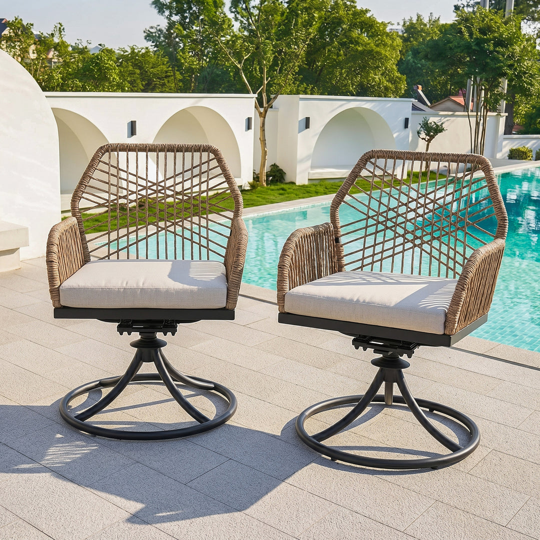 Patio Swivel Dining Chair Set of 2 with Zippered Cushions, Twisted Rattan
