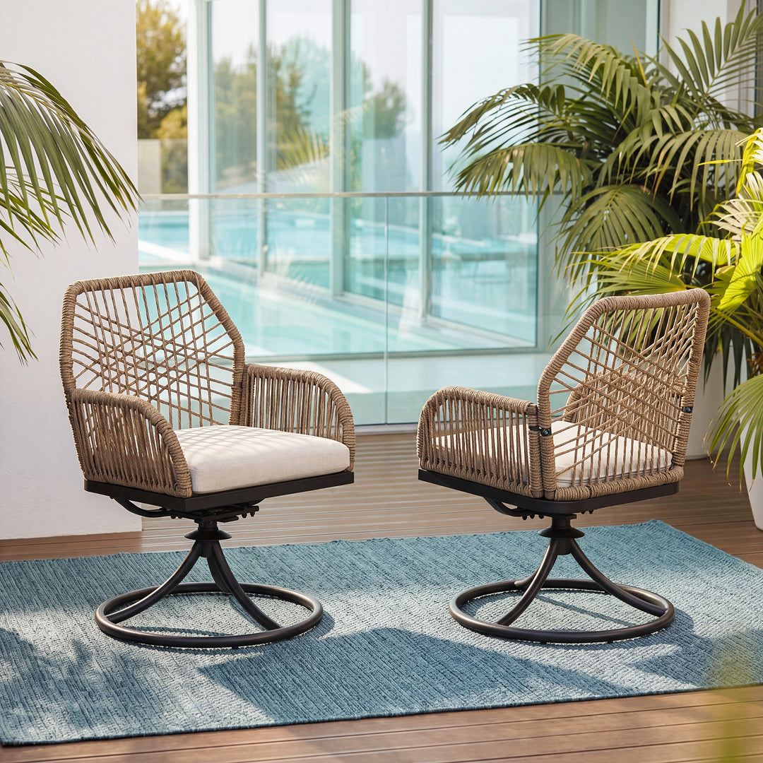 Patio Swivel Dining Chair Set of 2 with Zippered Cushions, Twisted Rattan