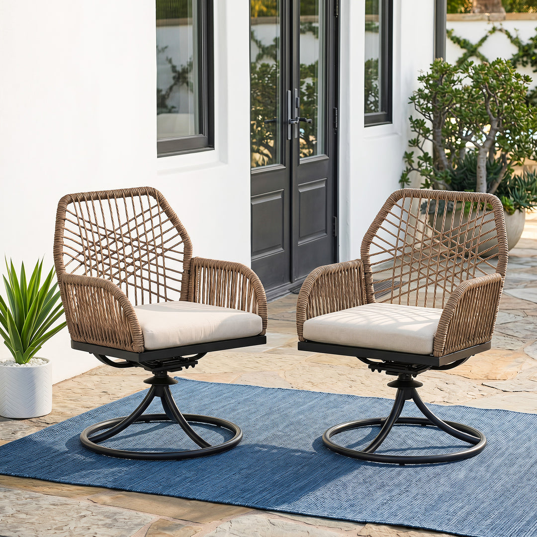 Patio Swivel Dining Chair Set of 2 with Zippered Cushions, Twisted Rattan