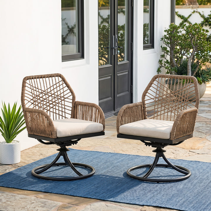 Patio Swivel Dining Chair Set of 2 with Zippered Cushions, Twisted Rattan
