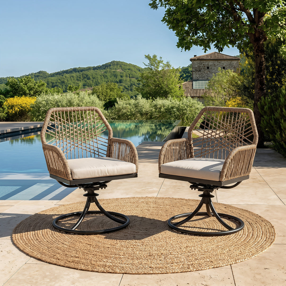 Patio Swivel Dining Chair Set of 2 with Zippered Cushions, Twisted Rattan