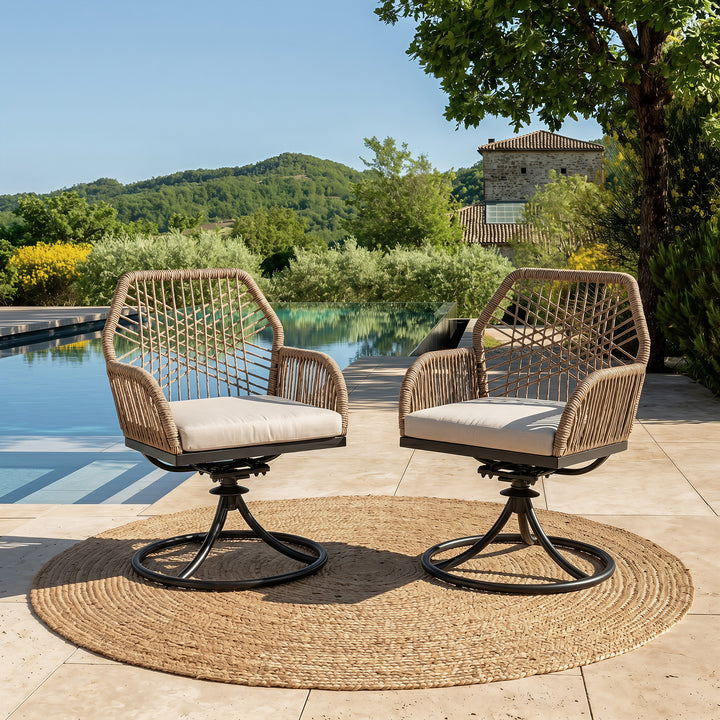 Patio Swivel Dining Chair Set of 2 with Zippered Cushions, Twisted Rattan