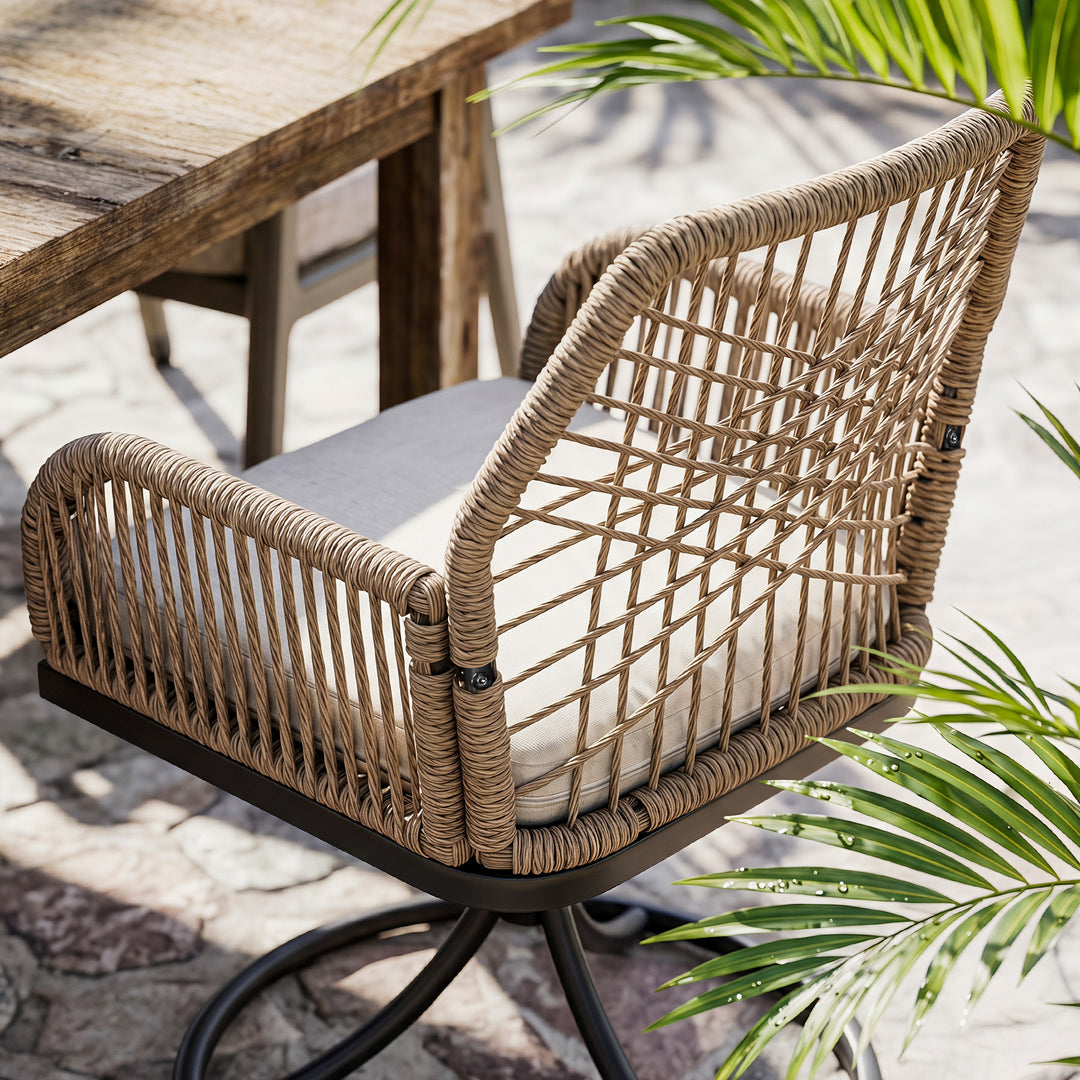 Patio Swivel Dining Chair Set of 2 with Zippered Cushions, Twisted Rattan
