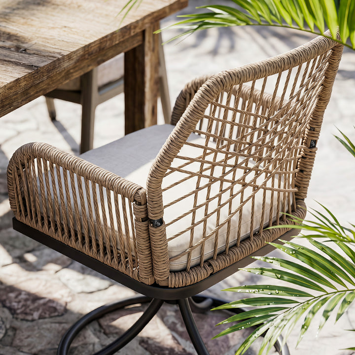 Patio Swivel Dining Chair Set of 2 with Zippered Cushions, Twisted Rattan