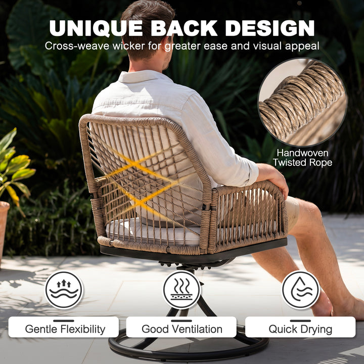Patio Swivel Dining Chair Set of 2 with Zippered Cushions, Twisted Rattan