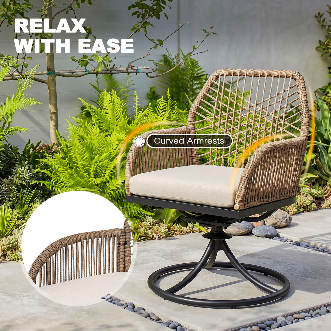 Patio Swivel Dining Chair Set of 2 with Zippered Cushions, Twisted Rattan