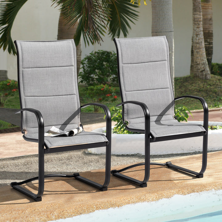 2 Pieces Outdoor C-Spring Motion Dining Chair Set, Textilene Fabric with Cotton-Padded and Iron Frame, Gray