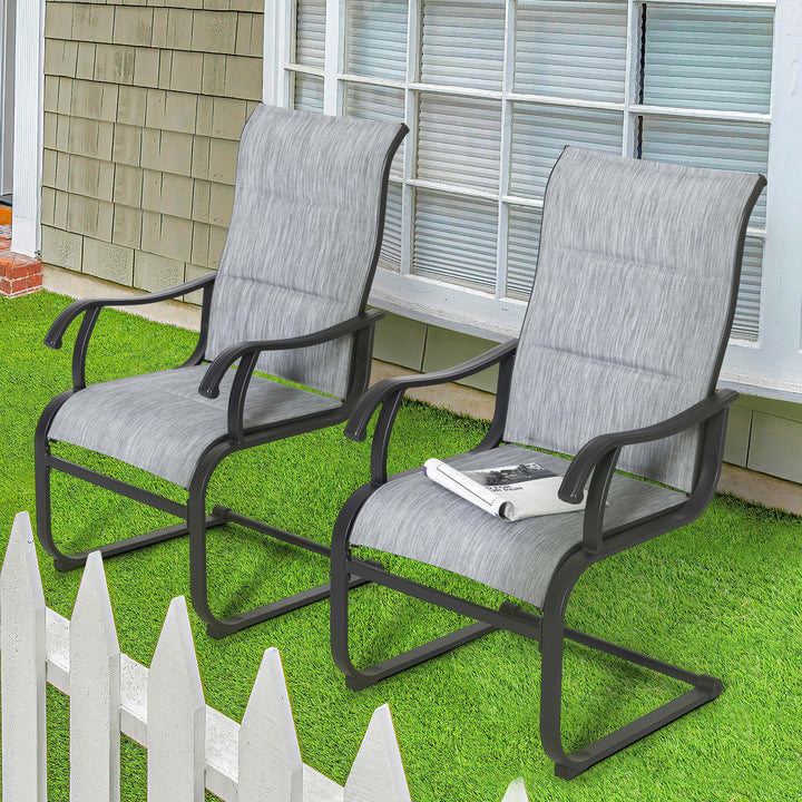 2 Pieces Outdoor C-Spring Motion Dining Chair Set, Textilene Fabric with Cotton-Padded and Iron Frame, Gray