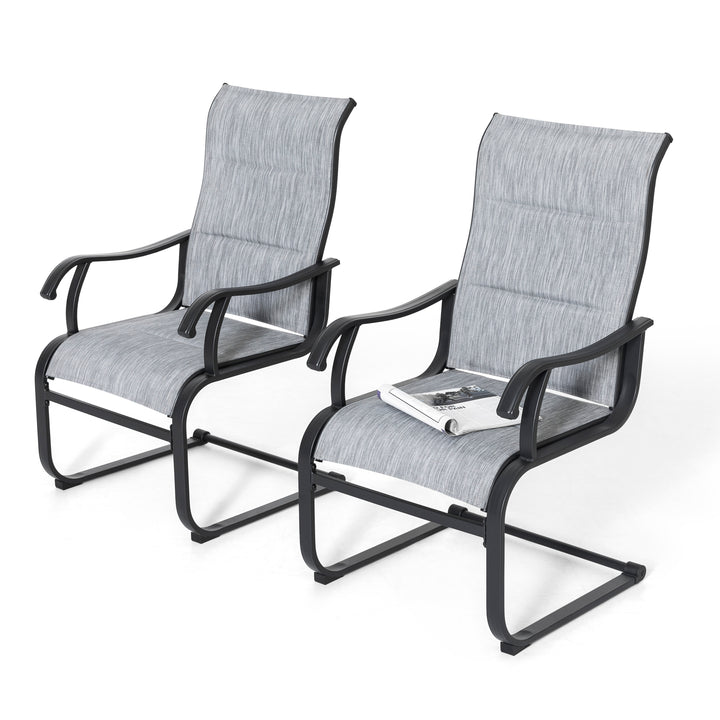 2 Pieces Outdoor C-Spring Motion Dining Chair Set, Textilene Fabric with Cotton-Padded and Iron Frame, Gray