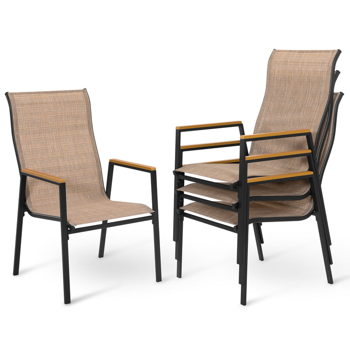 Patio Stackable Textilene Dining Chairs Set of 4, Faux Wood Armrests