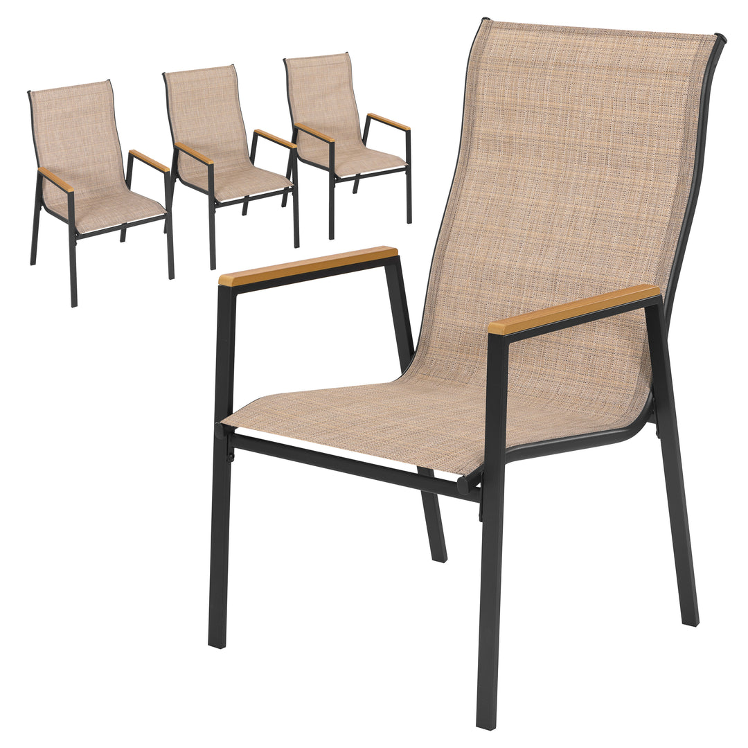 Patio Stackable Textilene Dining Chairs Set of 4, Faux Wood Armrests