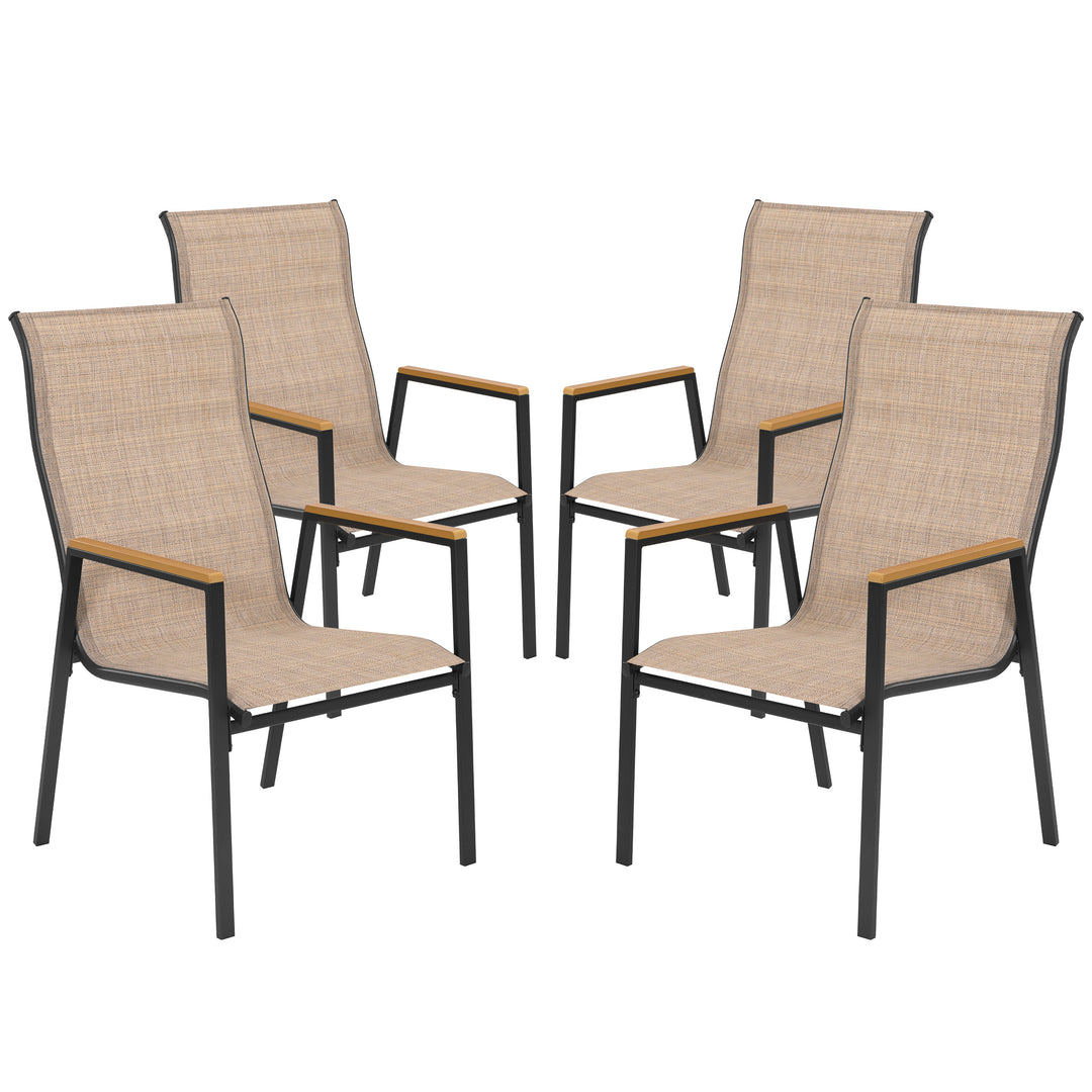 Patio Stackable Textilene Dining Chairs Set of 4, Faux Wood Armrests