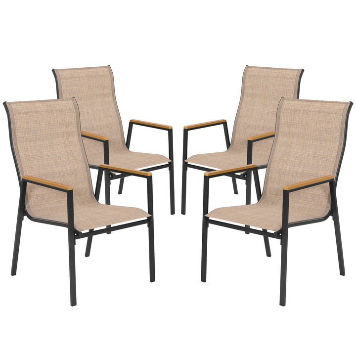 Patio Stackable Textilene Dining Chairs Set of 4, Faux Wood Armrests