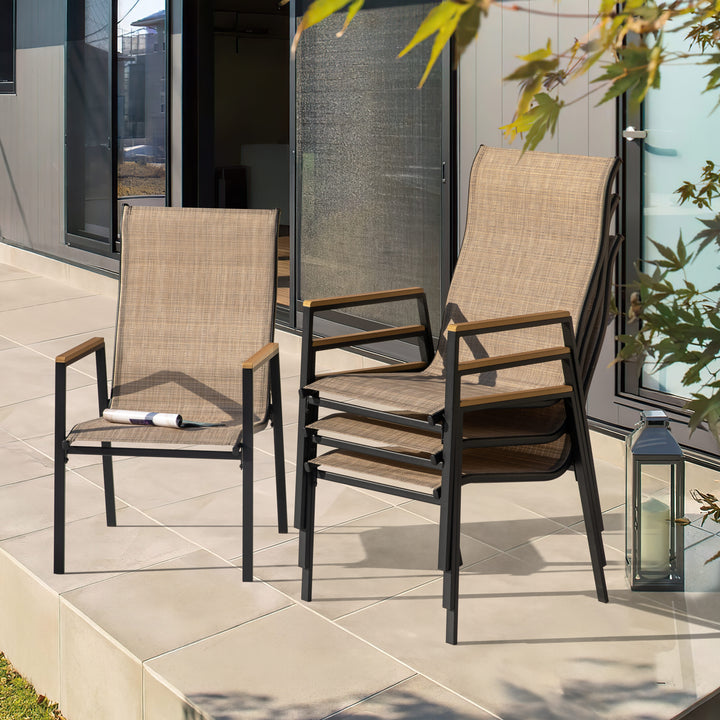 Patio Stackable Textilene Dining Chairs Set of 4, Faux Wood Armrests