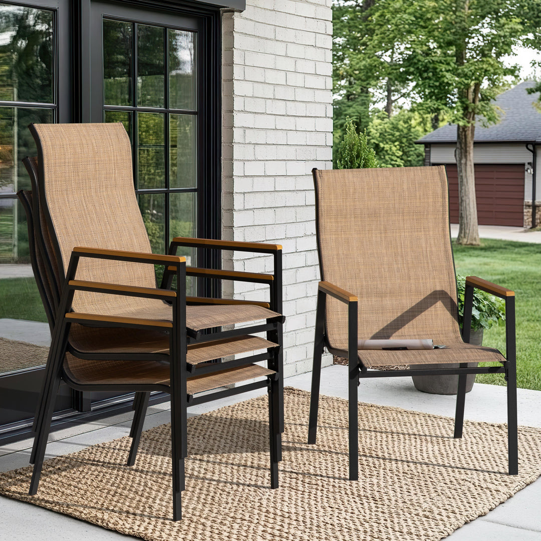 Patio Stackable Textilene Dining Chairs Set of 4, Faux Wood Armrests