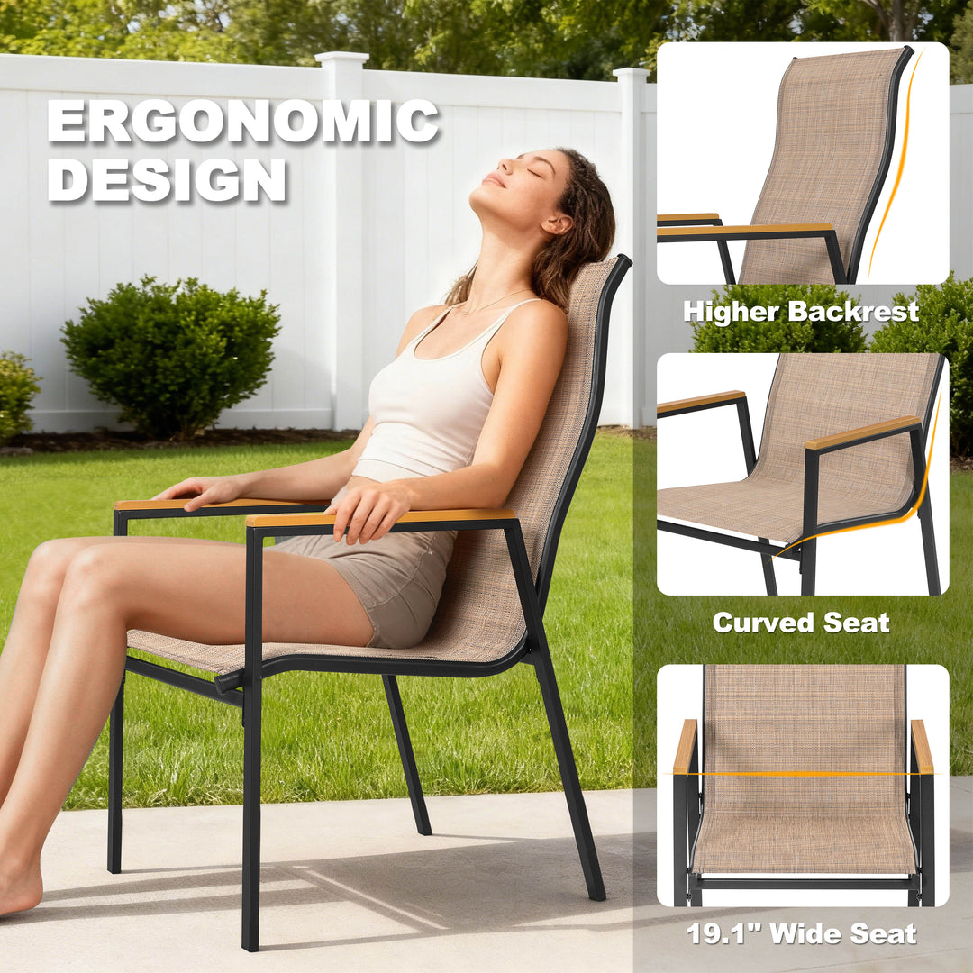 Patio Stackable Textilene Dining Chairs Set of 4, Faux Wood Armrests