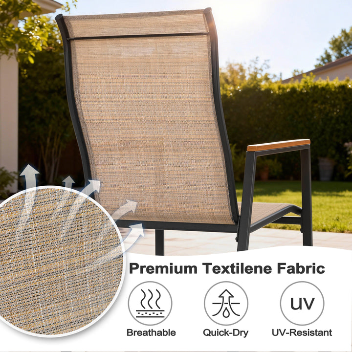 Patio Stackable Textilene Dining Chairs Set of 4, Faux Wood Armrests