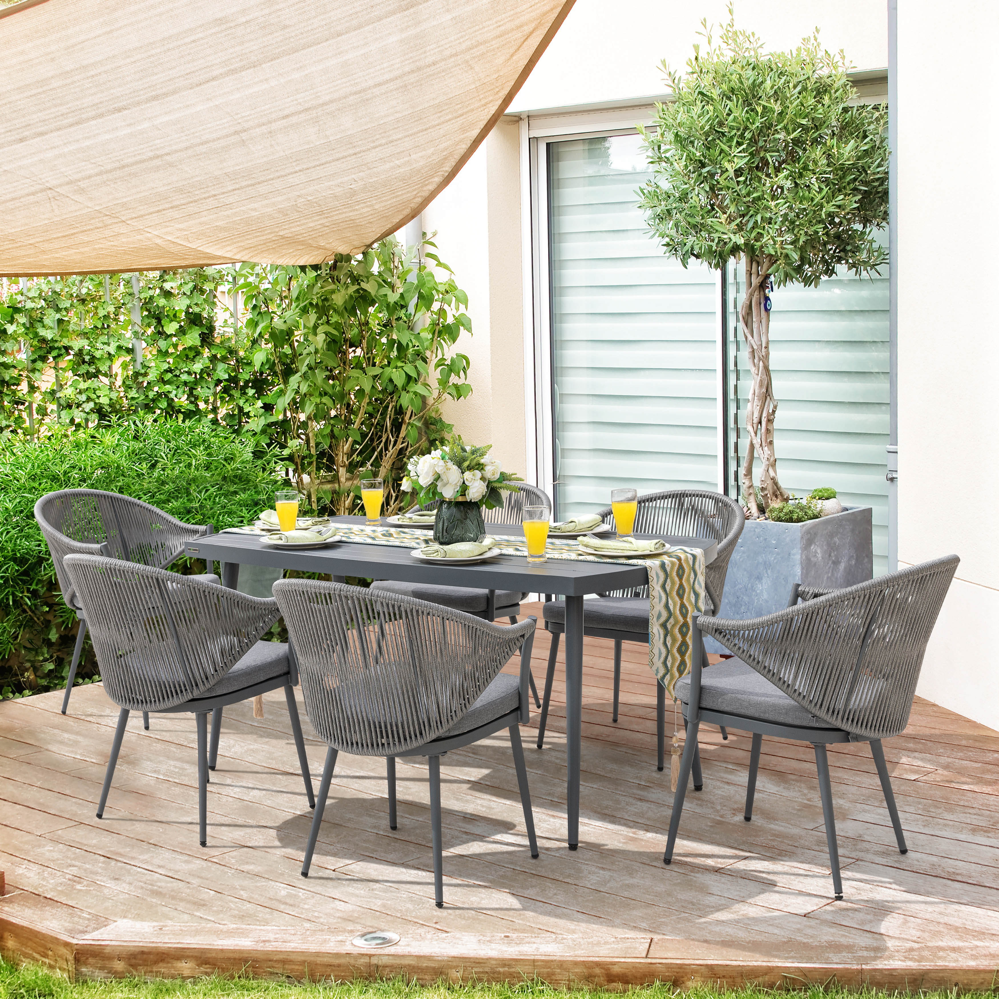 Outdoor Aluminum Chair Set of 4, Woven Rope Conversation Chairs