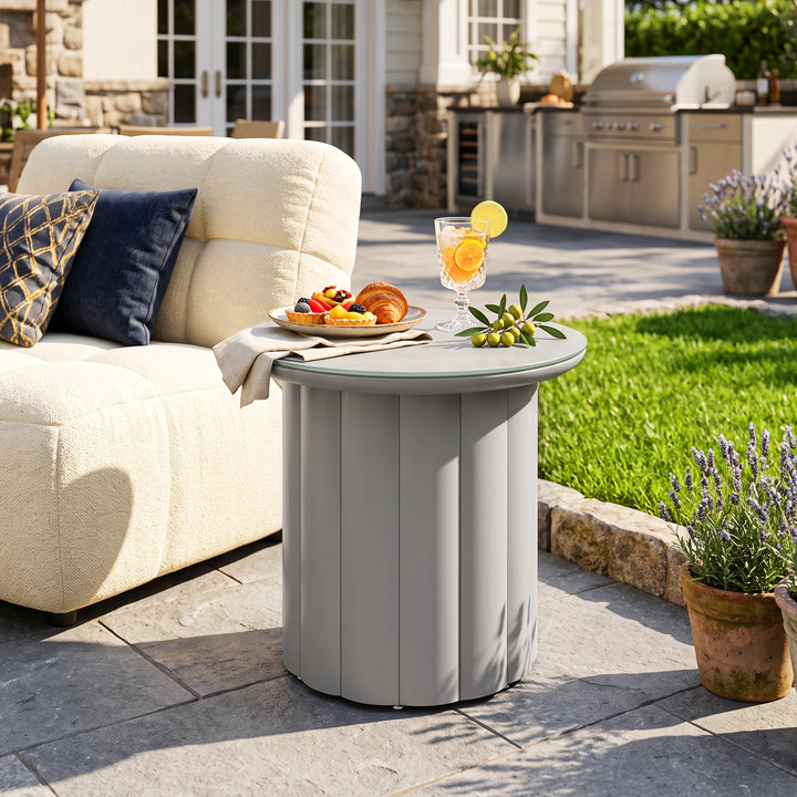 Aluminum 19.7" Round Outdoor Side Table with Tempered Glass Tabletop