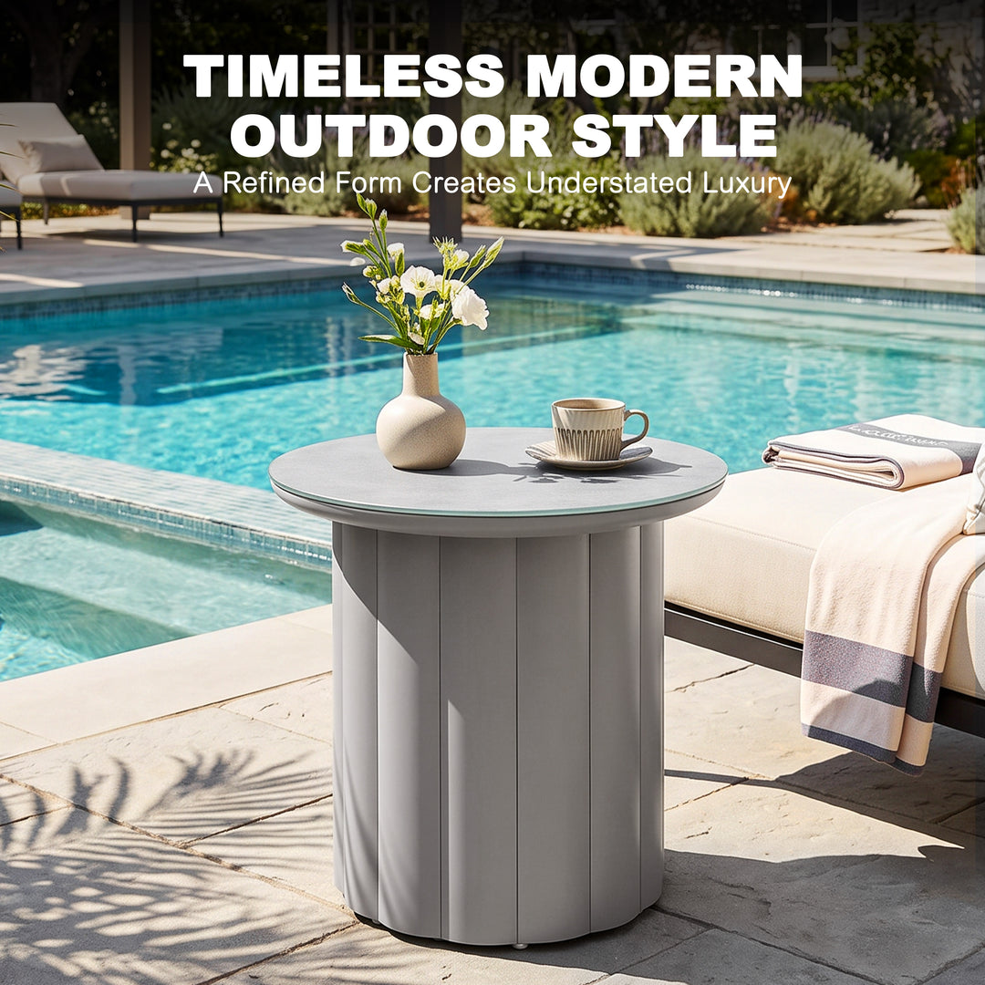 Aluminum 19.7" Round Outdoor Side Table with Tempered Glass Tabletop