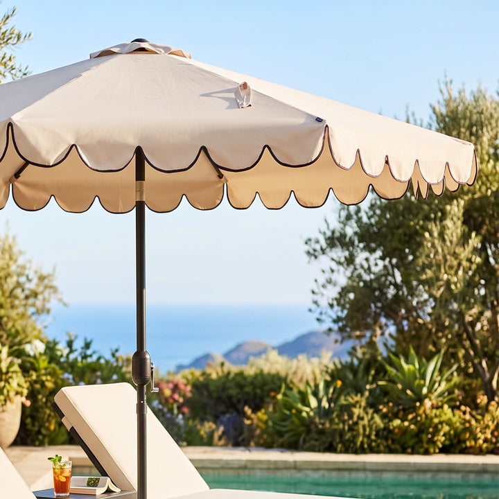 9' Aluminum Olefin Scalloped Market Umbrella with Push-Button Tilt, Crank