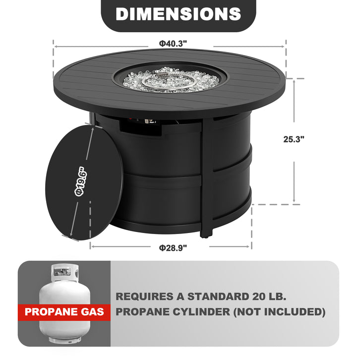 Outdoor 40 Inch Fire Pit Table, 50,000 BTU Propane Fire Pit with Lid