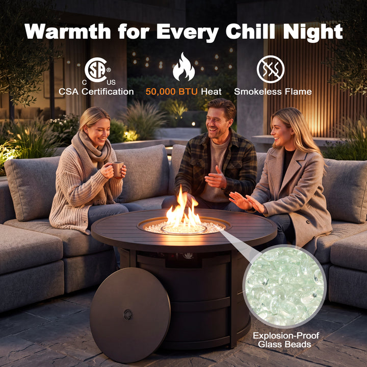 Outdoor 40 Inch Fire Pit Table, 50,000 BTU Propane Fire Pit with Lid