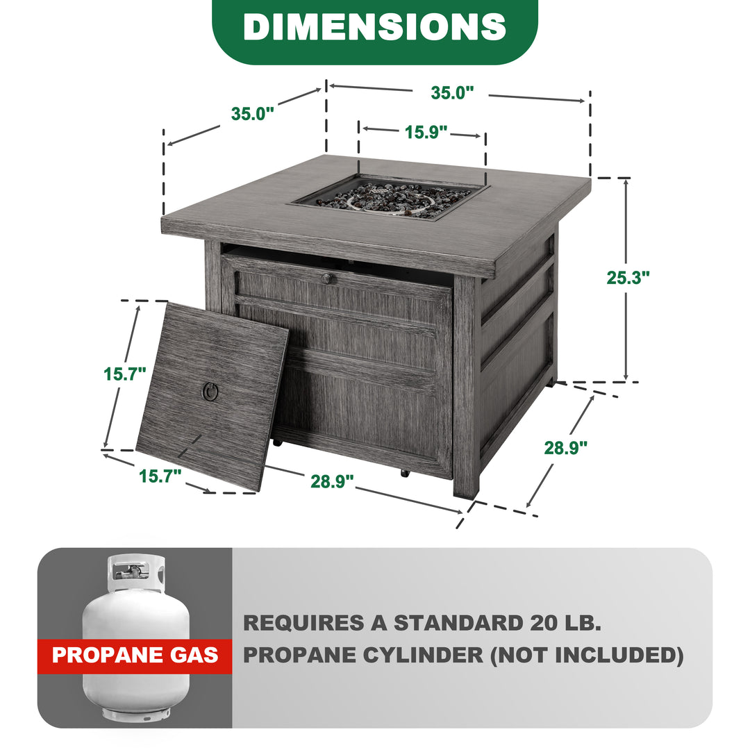50,000 BTU Propane Fire Pit for Outdoor, 35” Square Fire Table with Lid