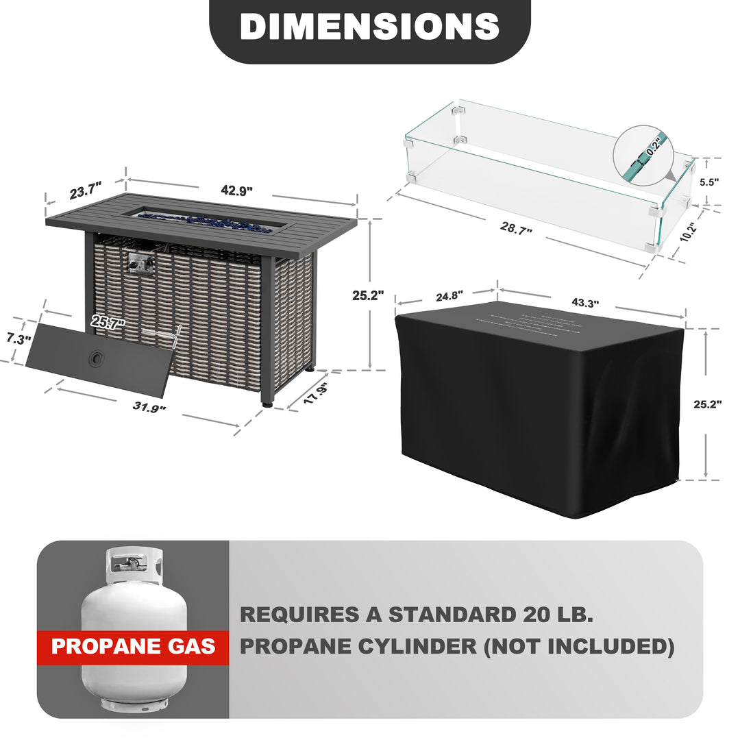 43’’ Outdoor Propane Gas Fire Pit Table 50,000 BTU with Wind Guard