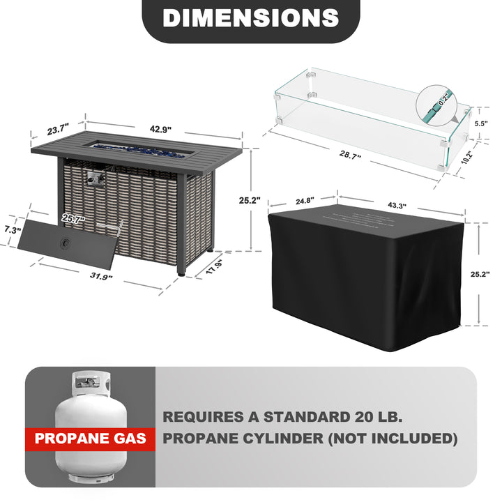 43’’ Outdoor Propane Gas Fire Pit Table 50,000 BTU with Wind Guard