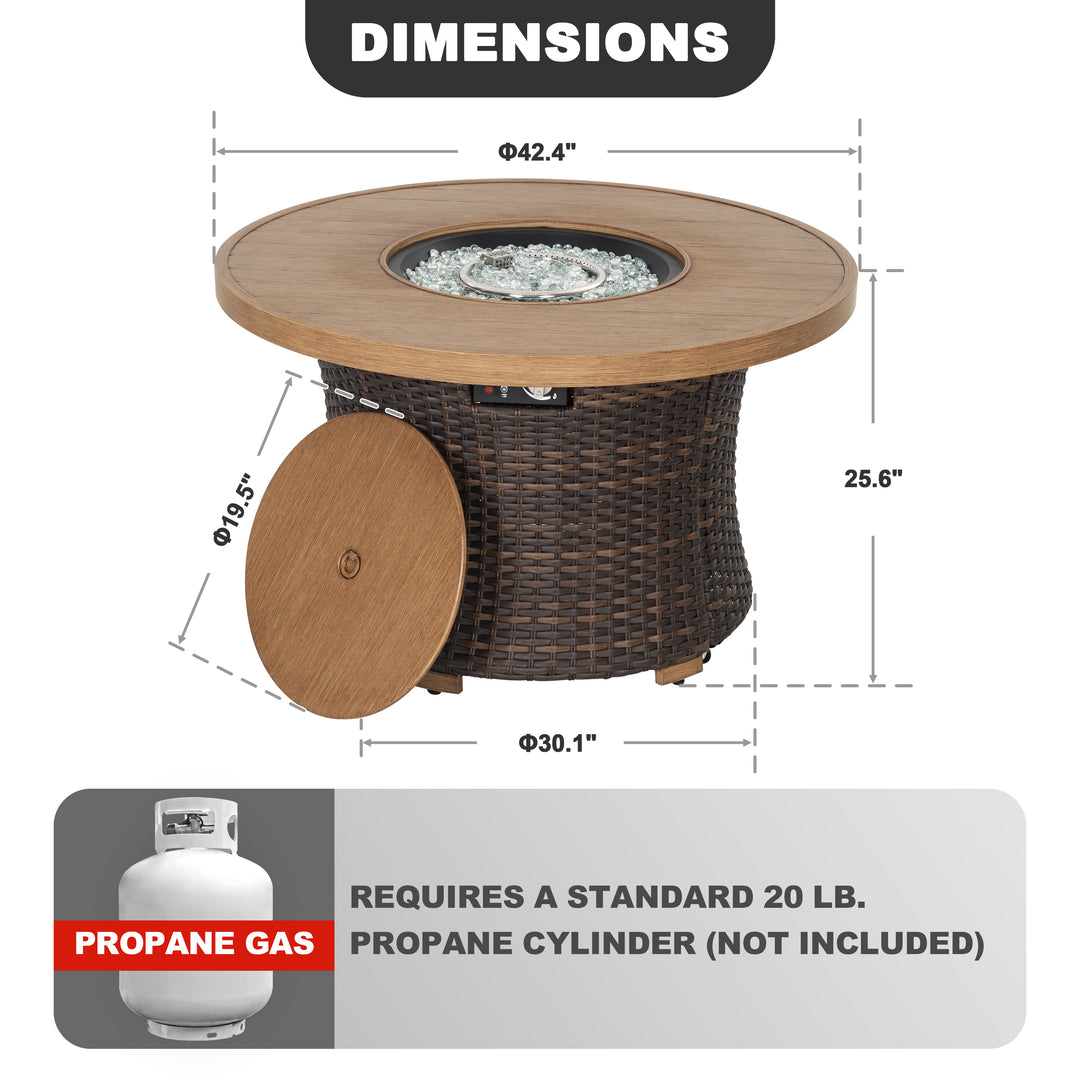 42.4" Aluminum Wicker Outdoor Propane Fire Pit Table, No Assembly Required