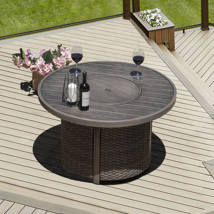 Patio Aluminum Rattan Fire Pit Table, Round Fire Table, Brown