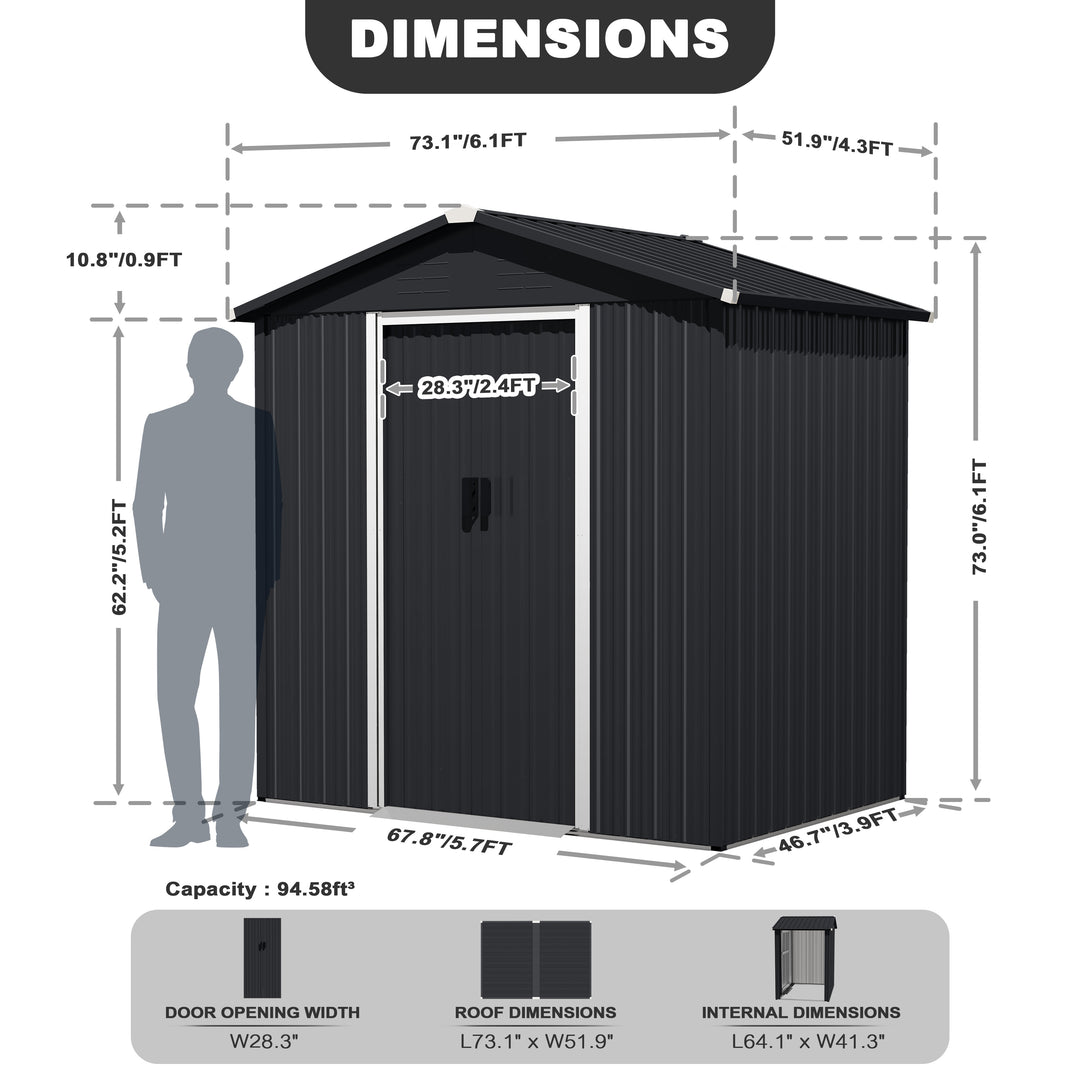 6 x 4 FT Garden Shed Storage Tool Shed with Sliding Doors, Black
