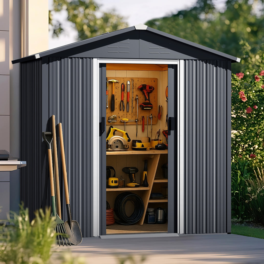 6 x 4 FT Garden Shed Storage Tool Shed with Sliding Doors, Black