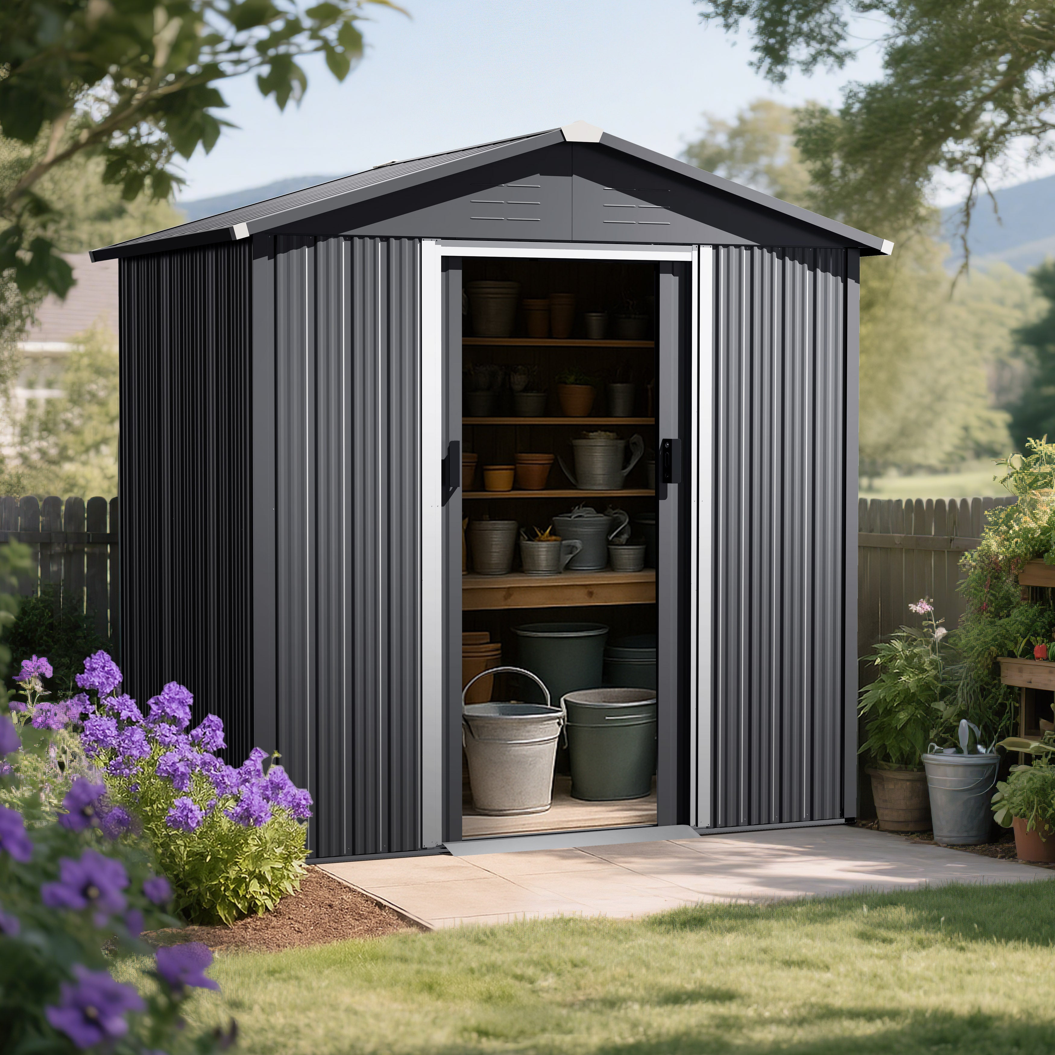 6 x 4 FT Garden Shed Storage Tool Shed with Sliding Doors, Black
